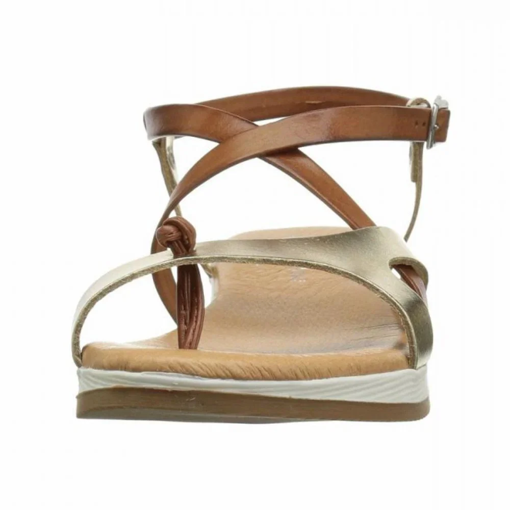 NEW Eric Michael Women Tan Gold Leather Platform Strap Buckle Thong Comfort - Picture 3 of 7